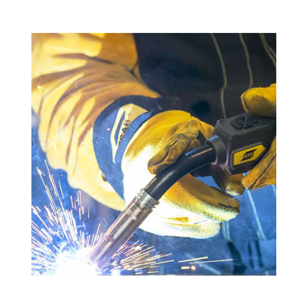 person welding with ESAB MIG Torch and ESAB gauntlet gloves.